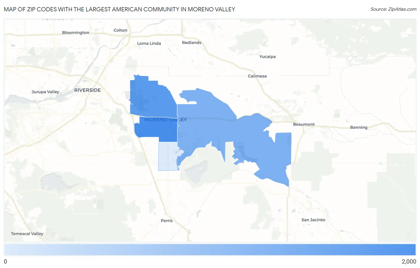 Zip Codes with the Largest American Community in Moreno Valley Map