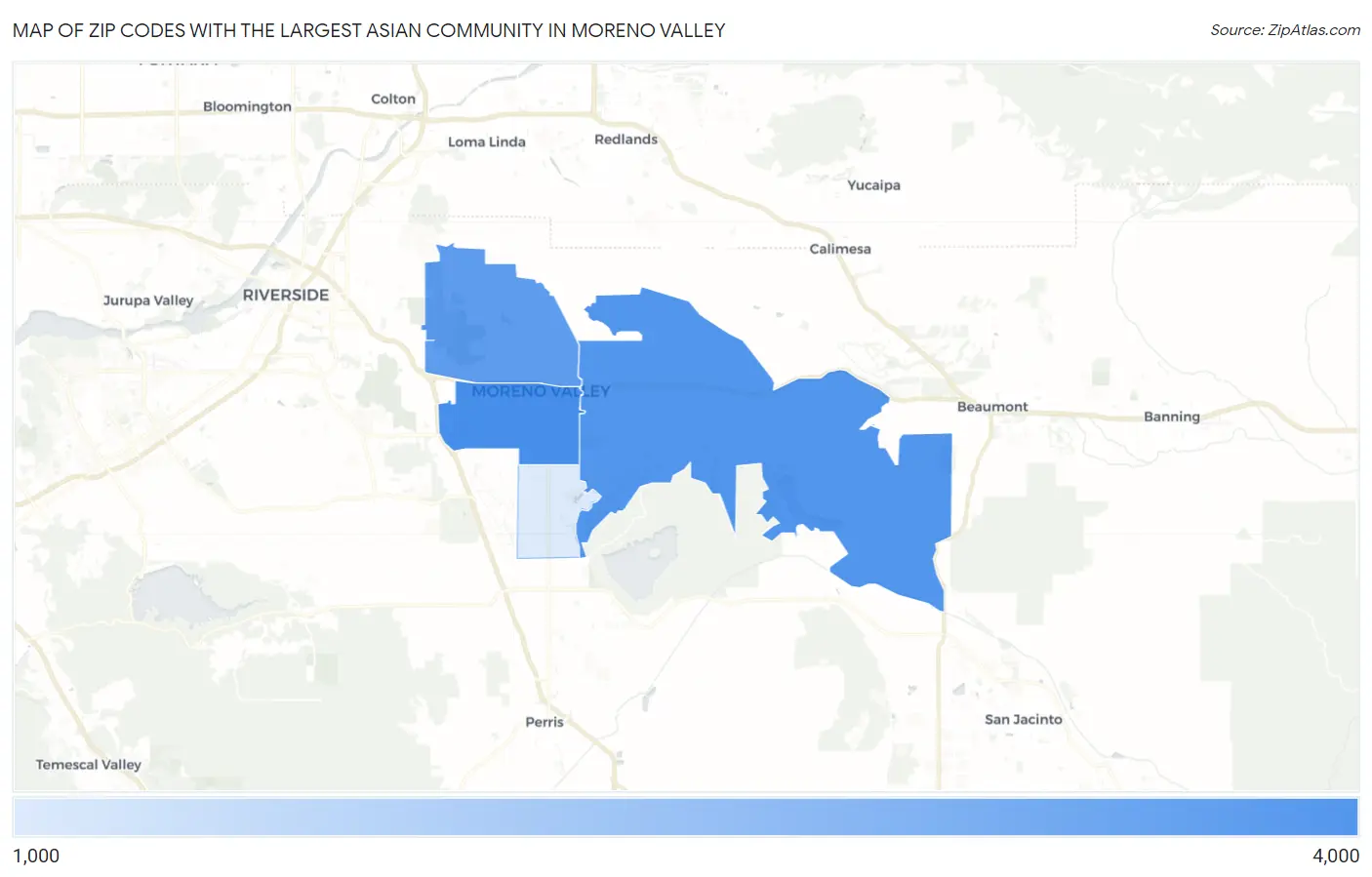 Zip Codes with the Largest Asian Community in Moreno Valley Map