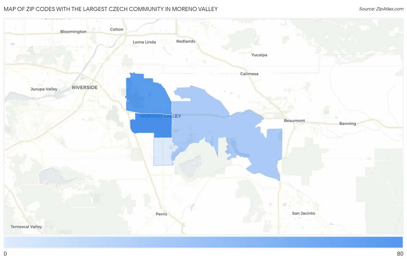 Zip Codes with the Largest Czech Community in Moreno Valley Map