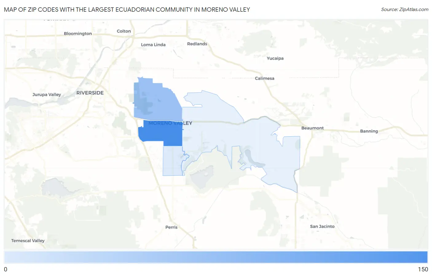 Zip Codes with the Largest Ecuadorian Community in Moreno Valley Map