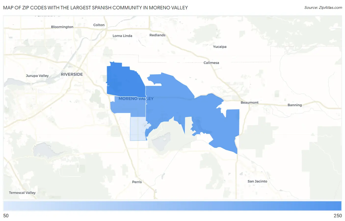 Zip Codes with the Largest Spanish Community in Moreno Valley Map