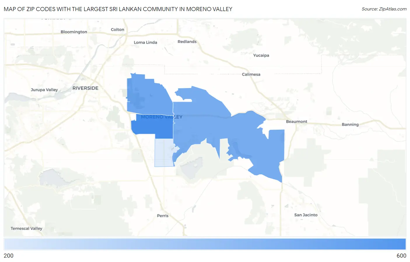 Zip Codes with the Largest Sri Lankan Community in Moreno Valley Map