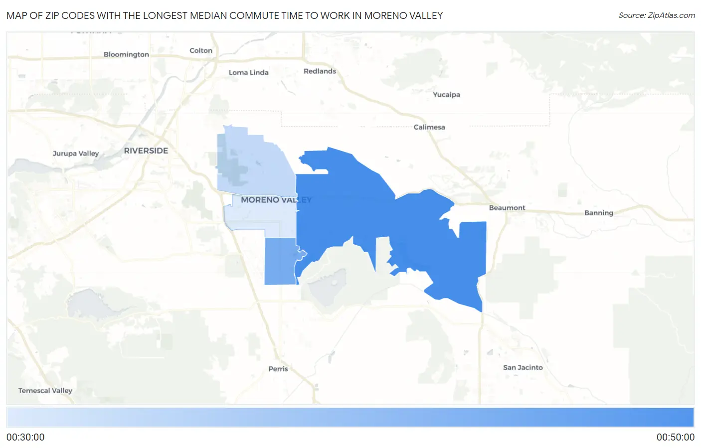 Zip Codes with the Longest Median Commute Time to Work in Moreno Valley Map