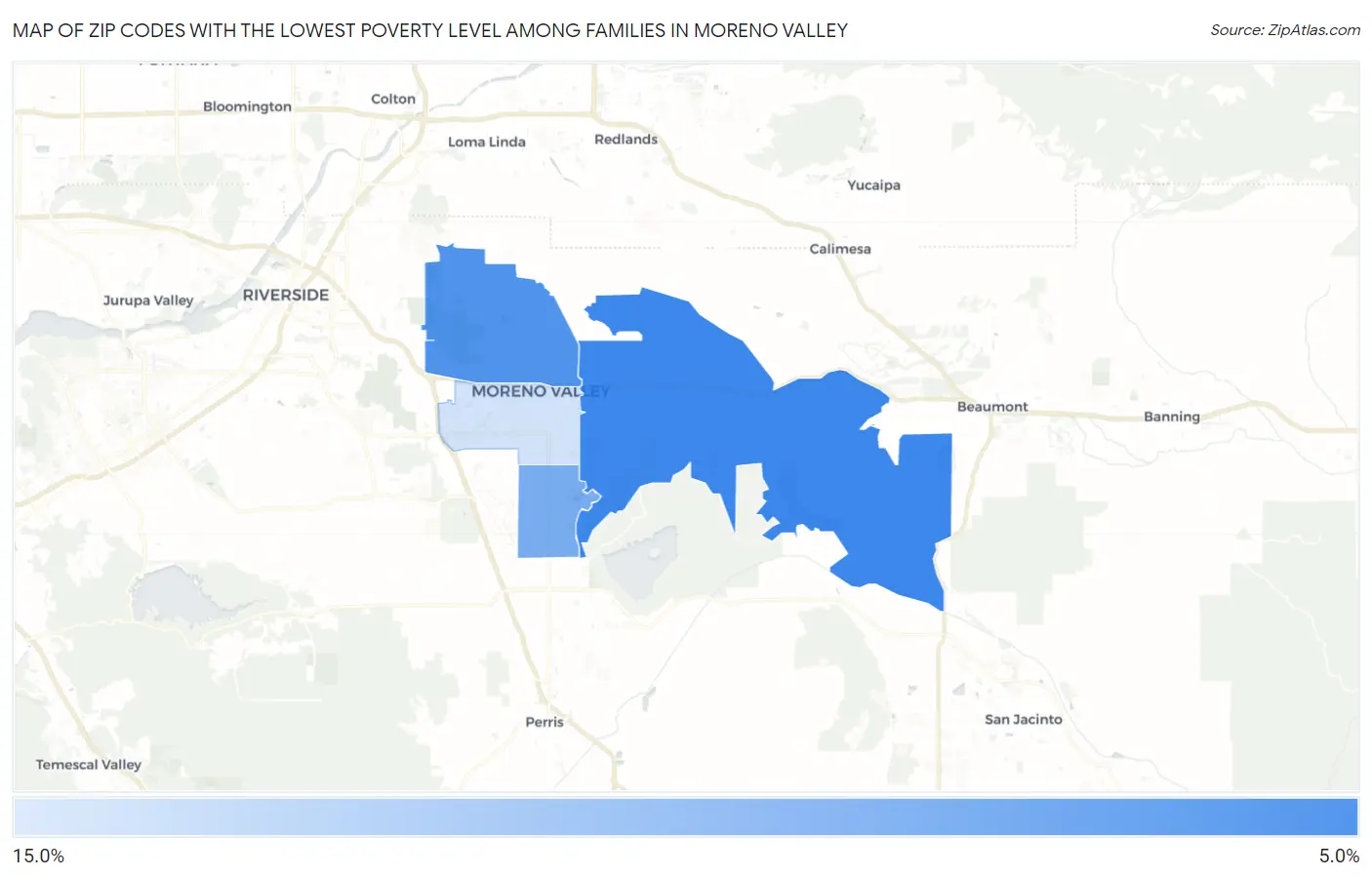 Zip Codes with the Lowest Poverty Level Among Families in Moreno Valley Map