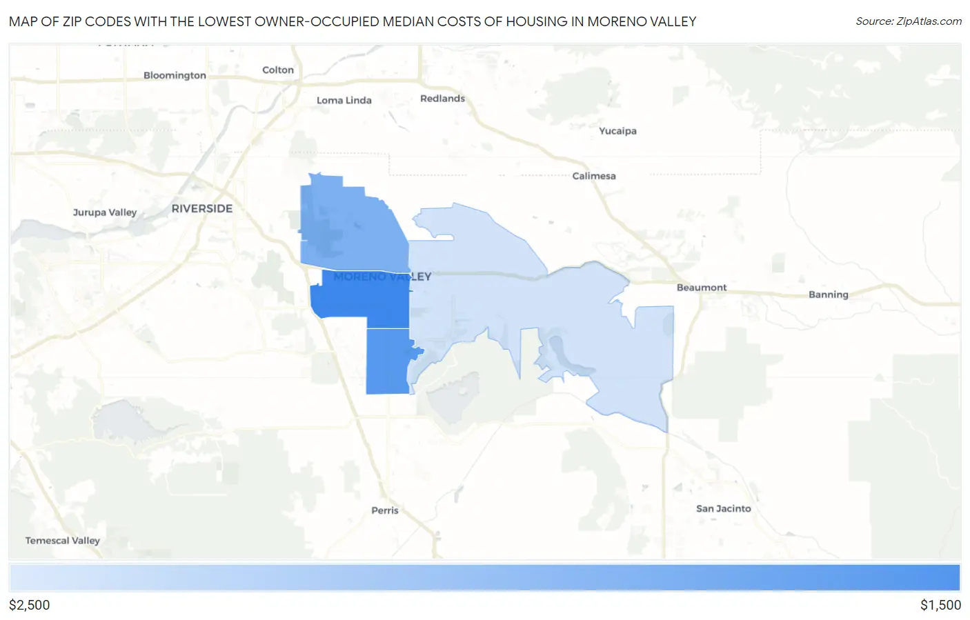 Zip Codes with the Lowest Owner-Occupied Median Costs of Housing in Moreno Valley Map
