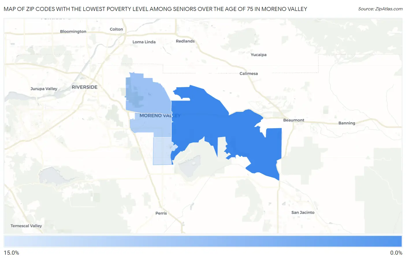 Zip Codes with the Lowest Poverty Level Among Seniors Over the Age of 75 in Moreno Valley Map