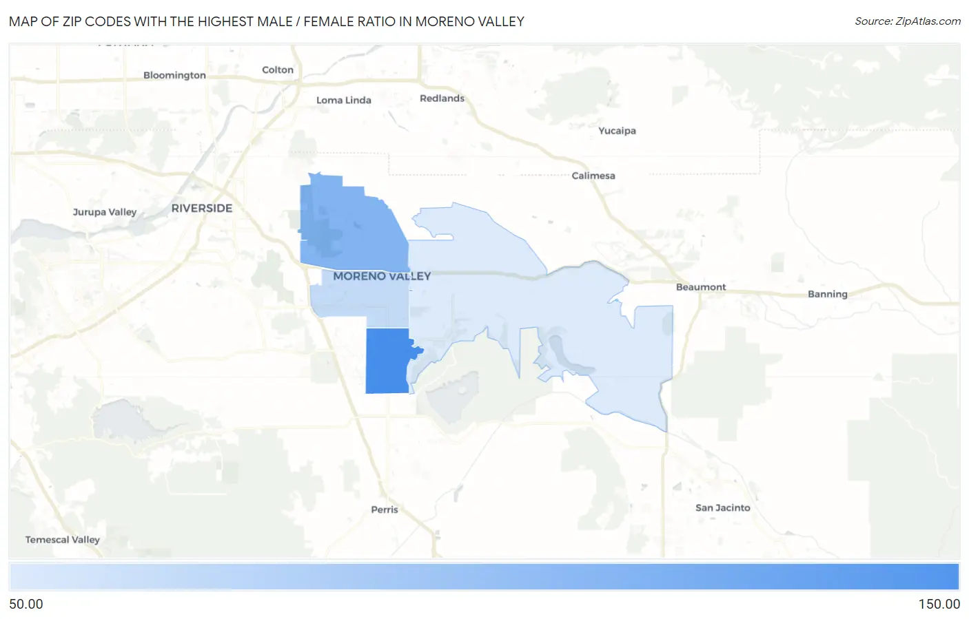 Zip Codes with the Highest Male / Female Ratio in Moreno Valley Map