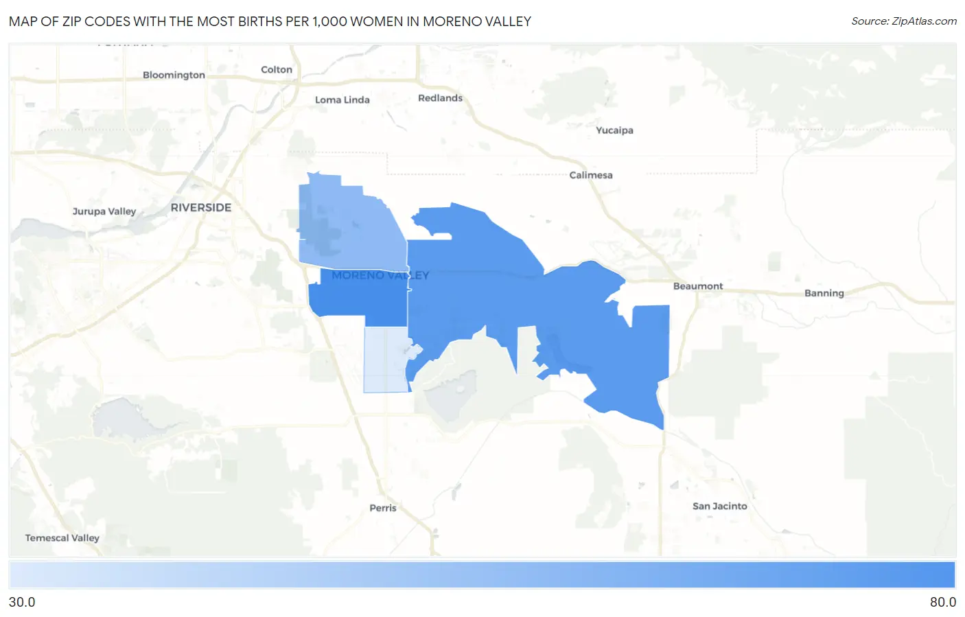 Zip Codes with the Most Births per 1,000 Women in Moreno Valley Map