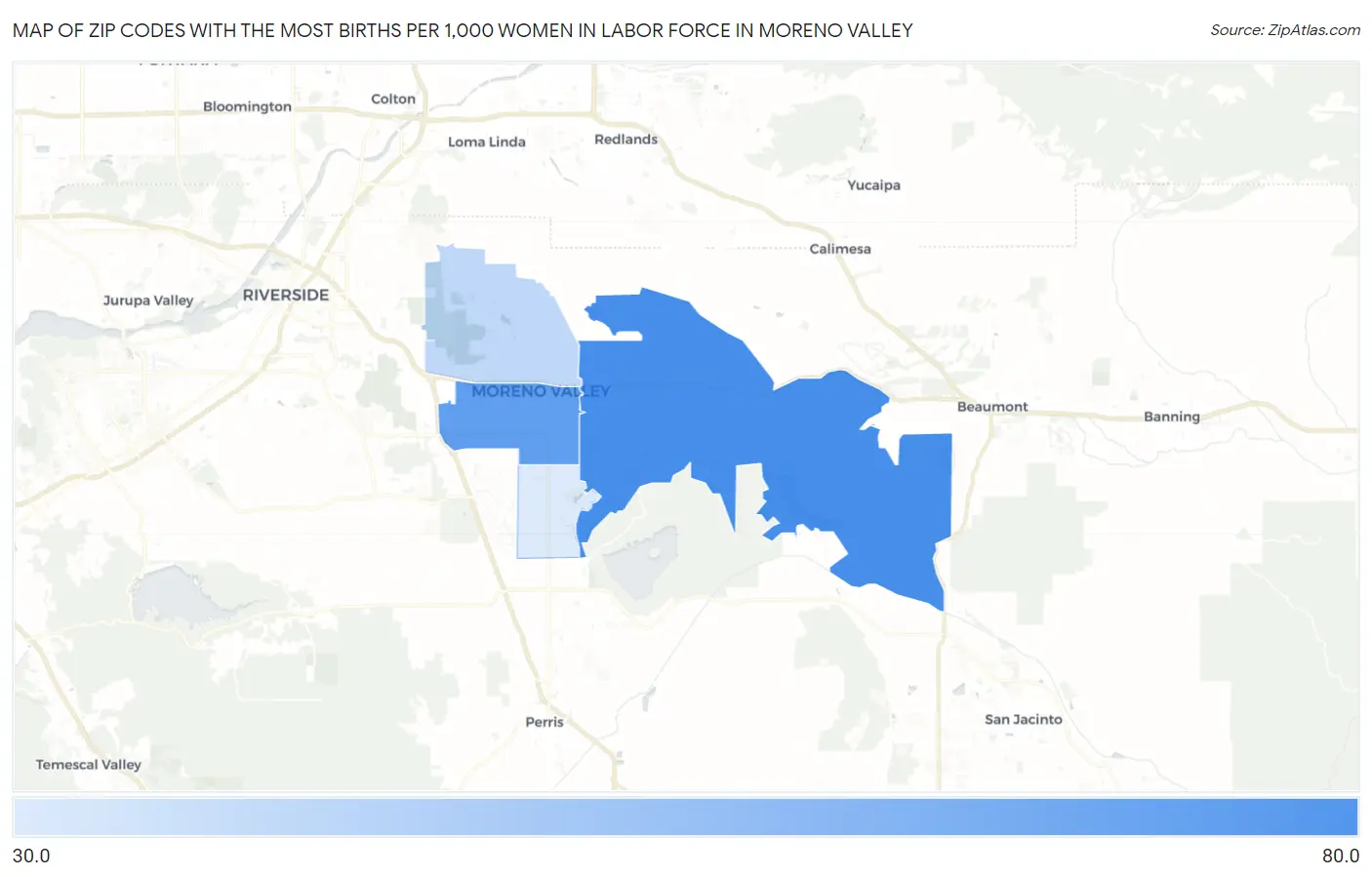 Zip Codes with the Most Births per 1,000 Women in Labor Force in Moreno Valley Map