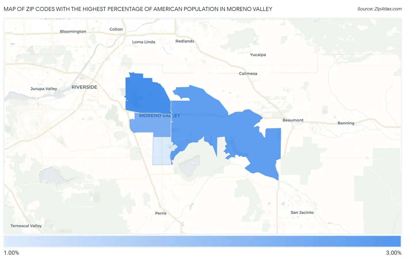 Zip Codes with the Highest Percentage of American Population in Moreno Valley Map