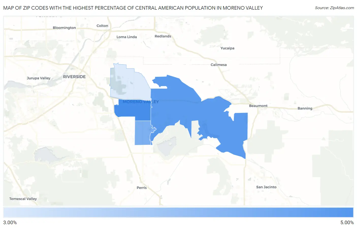 Zip Codes with the Highest Percentage of Central American Population in Moreno Valley Map