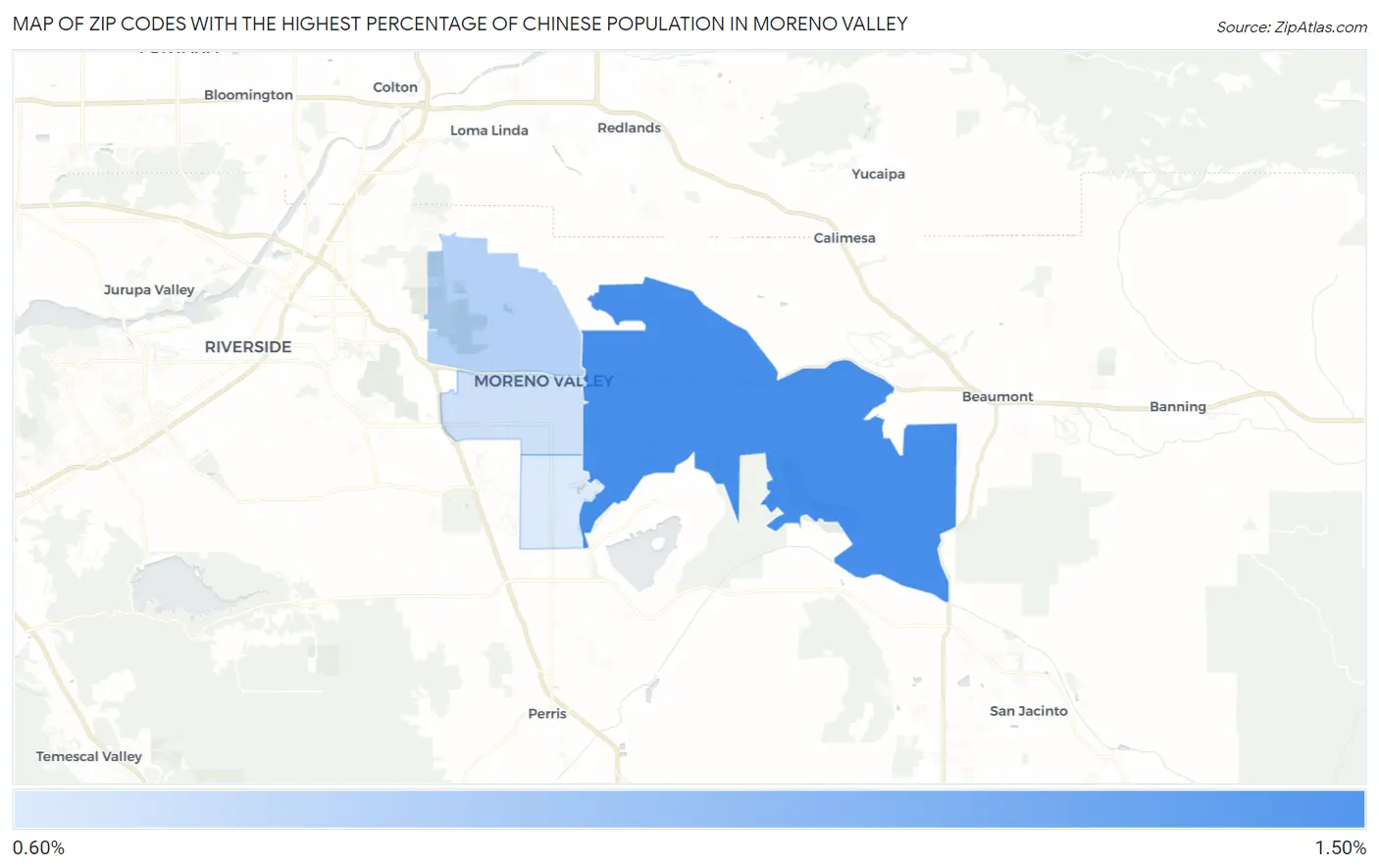 Zip Codes with the Highest Percentage of Chinese Population in Moreno Valley Map