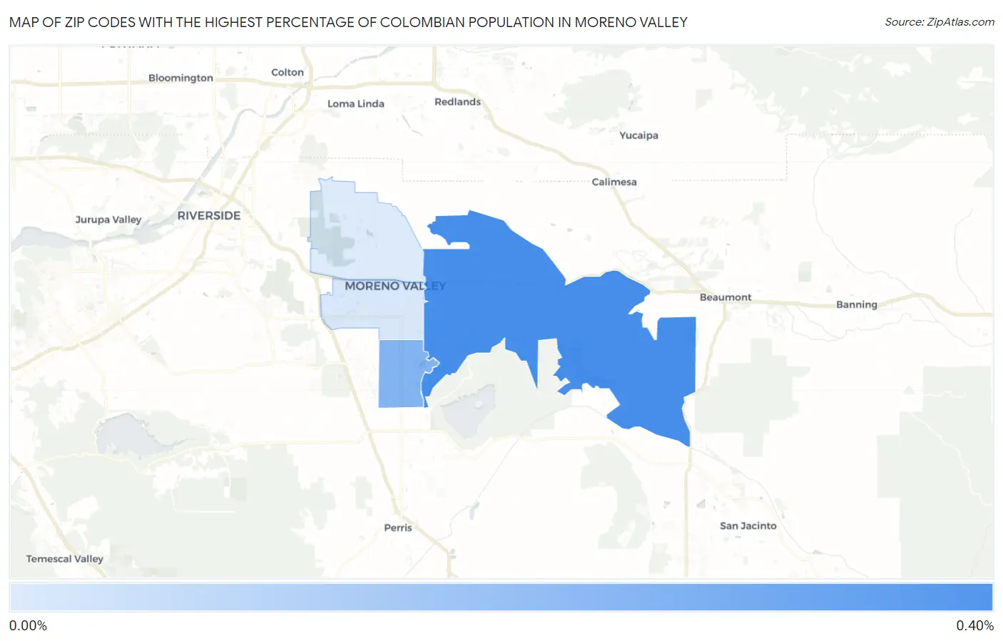 Zip Codes with the Highest Percentage of Colombian Population in Moreno Valley Map