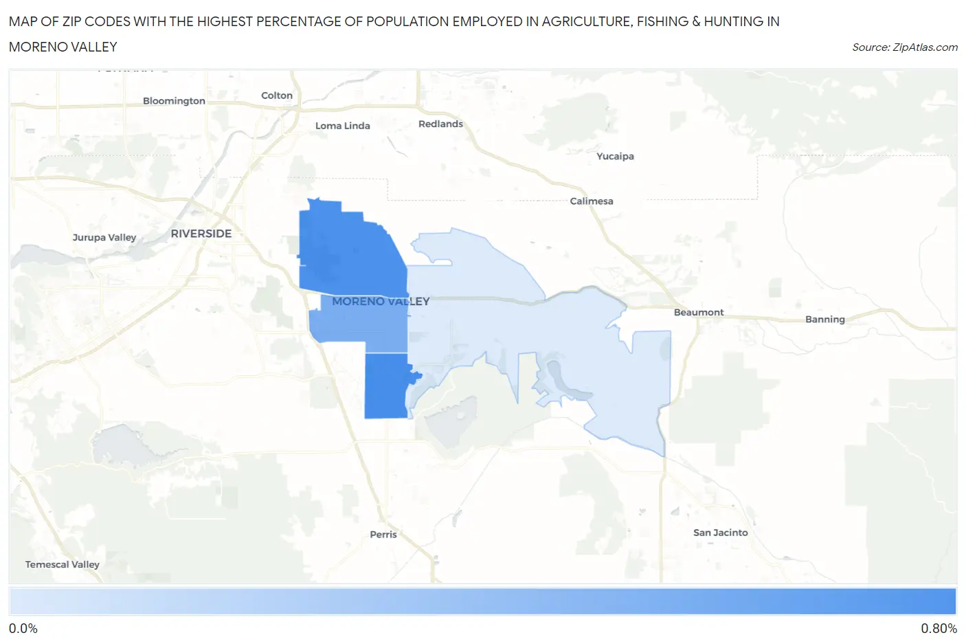 Zip Codes with the Highest Percentage of Population Employed in Agriculture, Fishing & Hunting in Moreno Valley Map