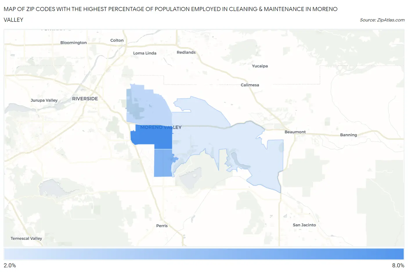 Zip Codes with the Highest Percentage of Population Employed in Cleaning & Maintenance in Moreno Valley Map