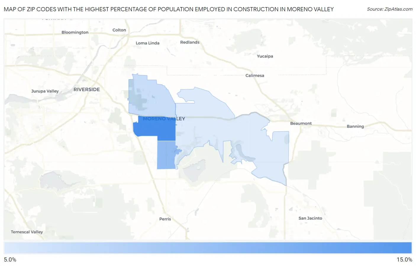 Zip Codes with the Highest Percentage of Population Employed in Construction in Moreno Valley Map