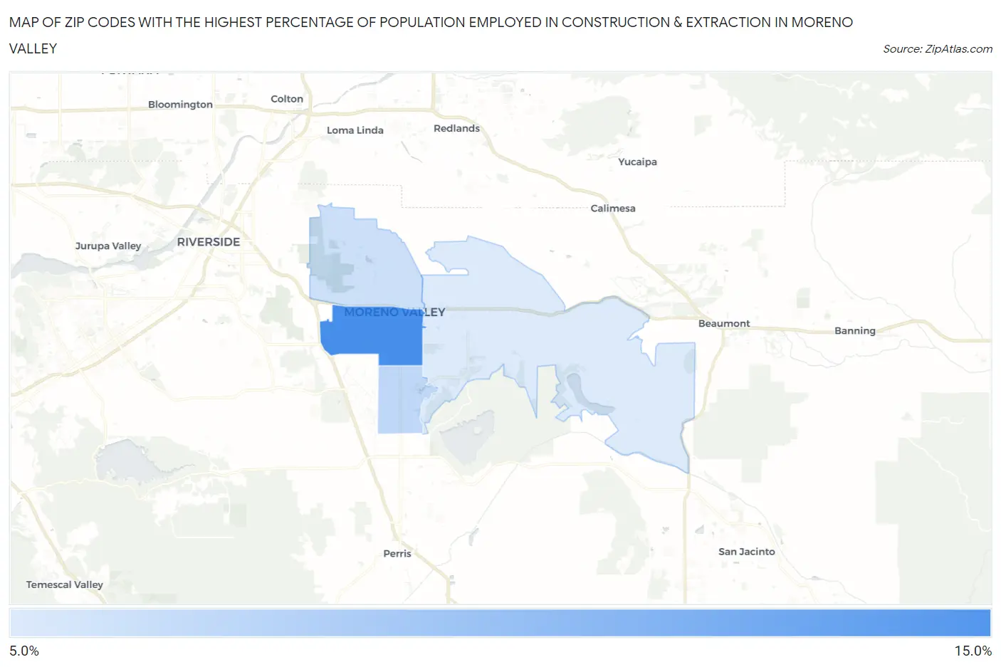 Zip Codes with the Highest Percentage of Population Employed in Construction & Extraction in Moreno Valley Map