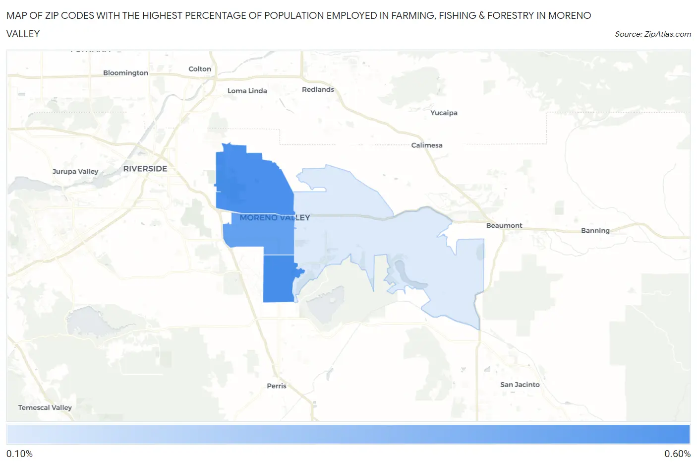 Zip Codes with the Highest Percentage of Population Employed in Farming, Fishing & Forestry in Moreno Valley Map