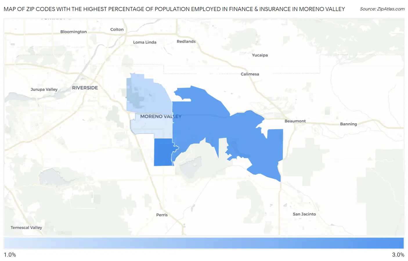 Zip Codes with the Highest Percentage of Population Employed in Finance & Insurance in Moreno Valley Map