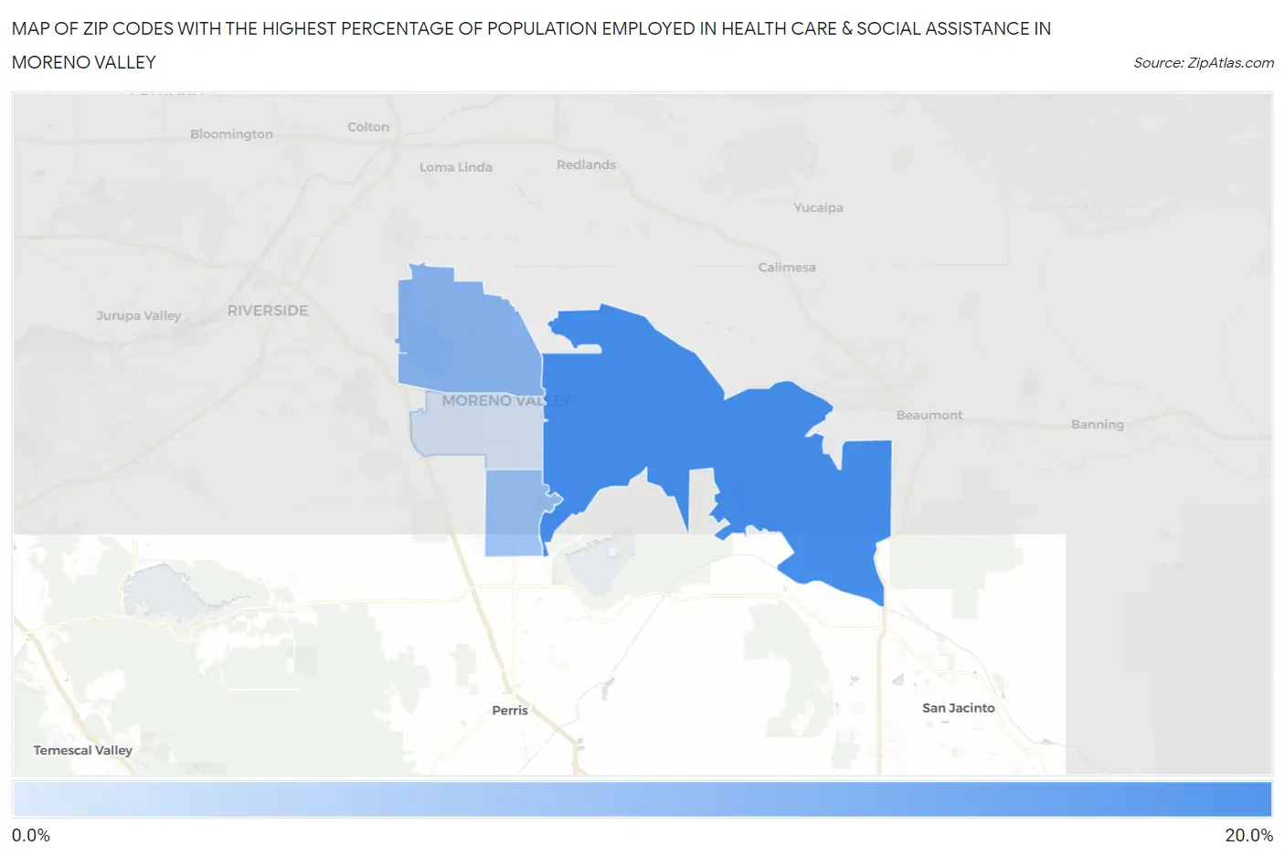 Zip Codes with the Highest Percentage of Population Employed in Health Care & Social Assistance in Moreno Valley Map