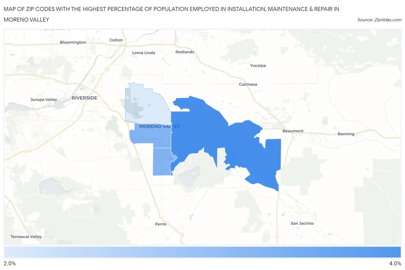 Zip Codes with the Highest Percentage of Population Employed in Installation, Maintenance & Repair in Moreno Valley Map