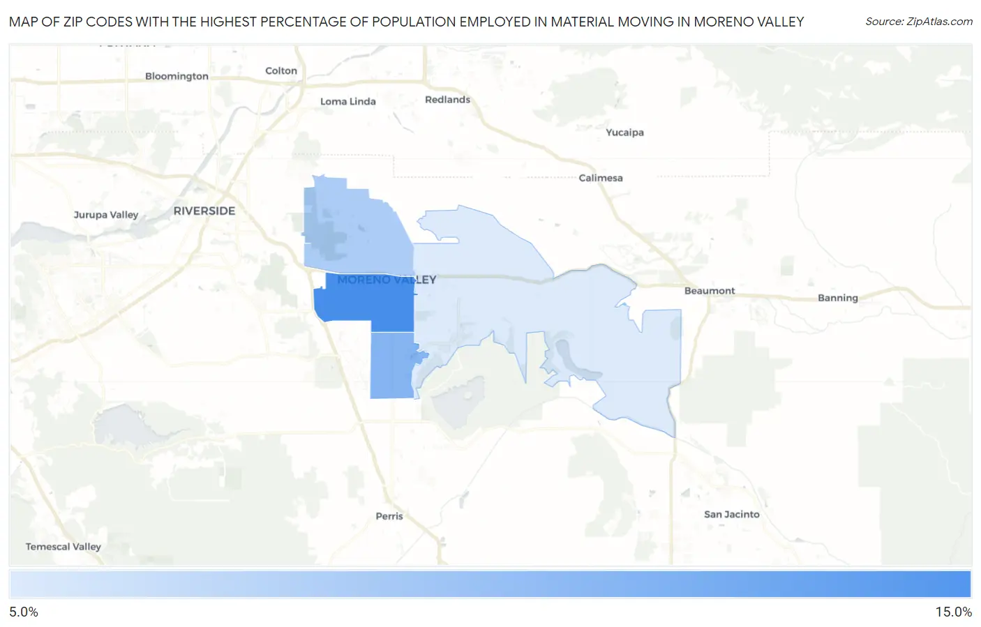 Zip Codes with the Highest Percentage of Population Employed in Material Moving in Moreno Valley Map