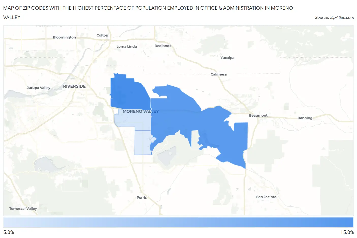 Zip Codes with the Highest Percentage of Population Employed in Office & Administration in Moreno Valley Map