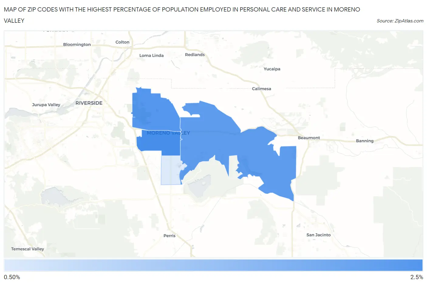 Zip Codes with the Highest Percentage of Population Employed in Personal Care and Service in Moreno Valley Map