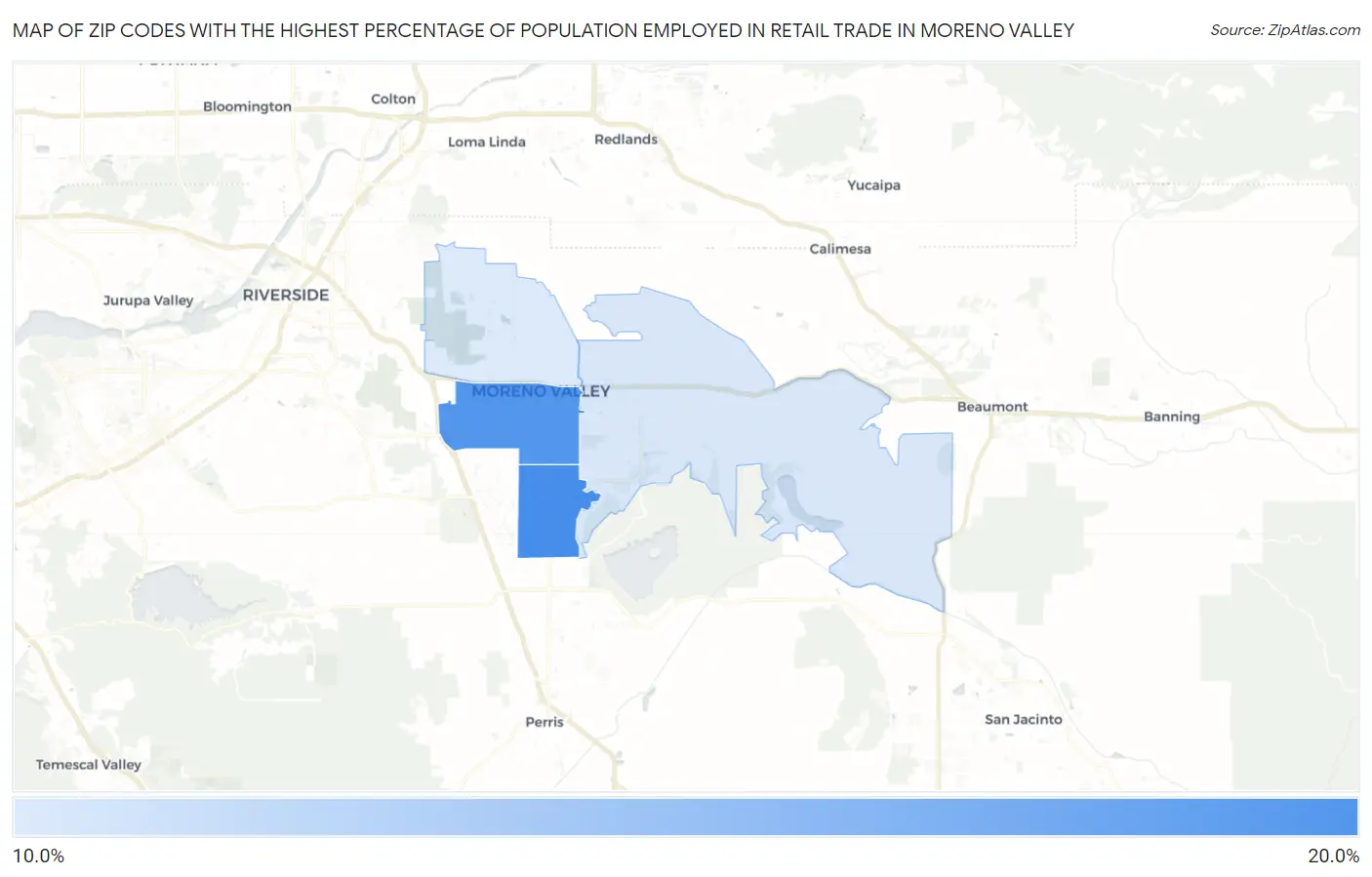 Zip Codes with the Highest Percentage of Population Employed in Retail Trade in Moreno Valley Map