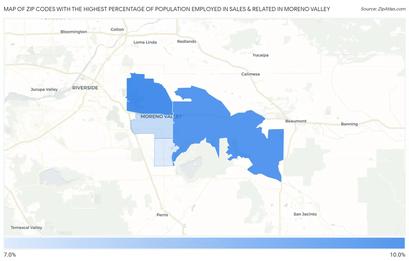 Zip Codes with the Highest Percentage of Population Employed in Sales & Related in Moreno Valley Map