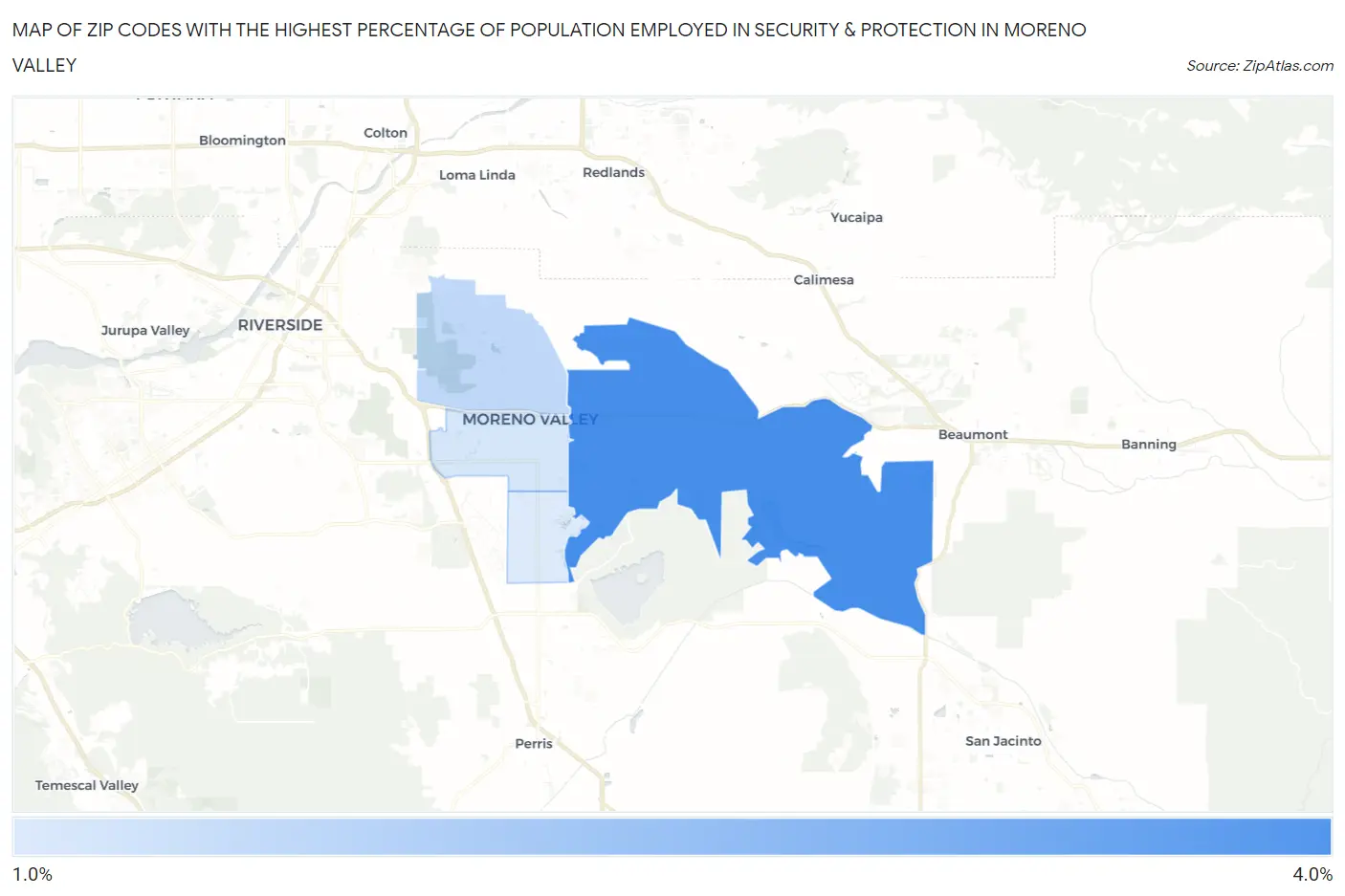 Zip Codes with the Highest Percentage of Population Employed in Security & Protection in Moreno Valley Map
