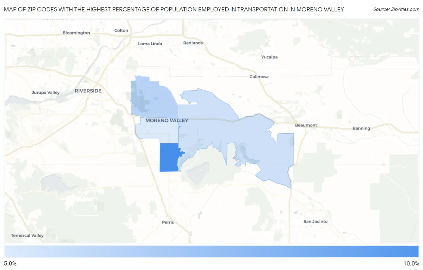 Zip Codes with the Highest Percentage of Population Employed in Transportation in Moreno Valley Map