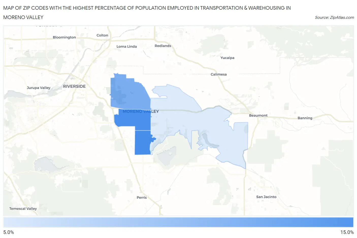Zip Codes with the Highest Percentage of Population Employed in Transportation & Warehousing in Moreno Valley Map