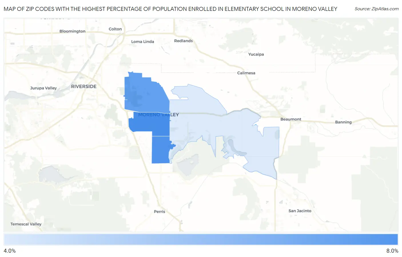 Zip Codes with the Highest Percentage of Population Enrolled in Elementary School in Moreno Valley Map