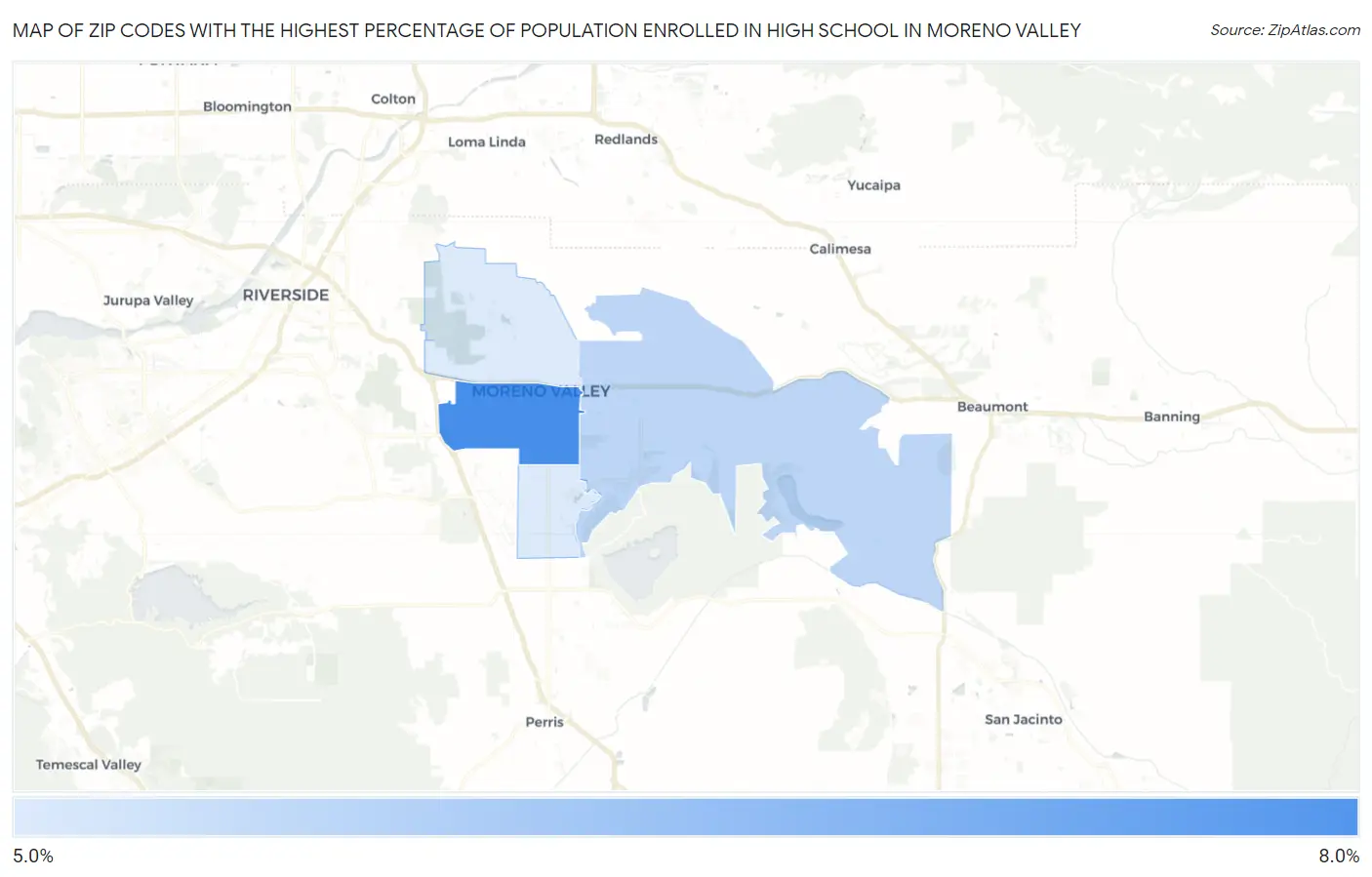 Zip Codes with the Highest Percentage of Population Enrolled in High School in Moreno Valley Map