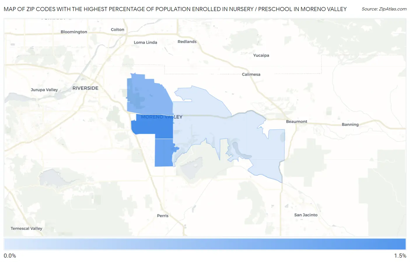 Zip Codes with the Highest Percentage of Population Enrolled in Nursery / Preschool in Moreno Valley Map