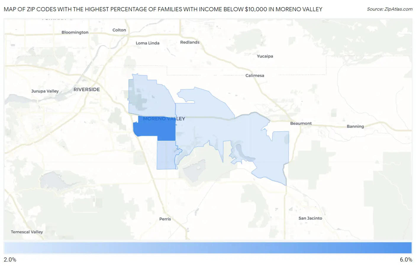 Zip Codes with the Highest Percentage of Families with Income Below $10,000 in Moreno Valley Map
