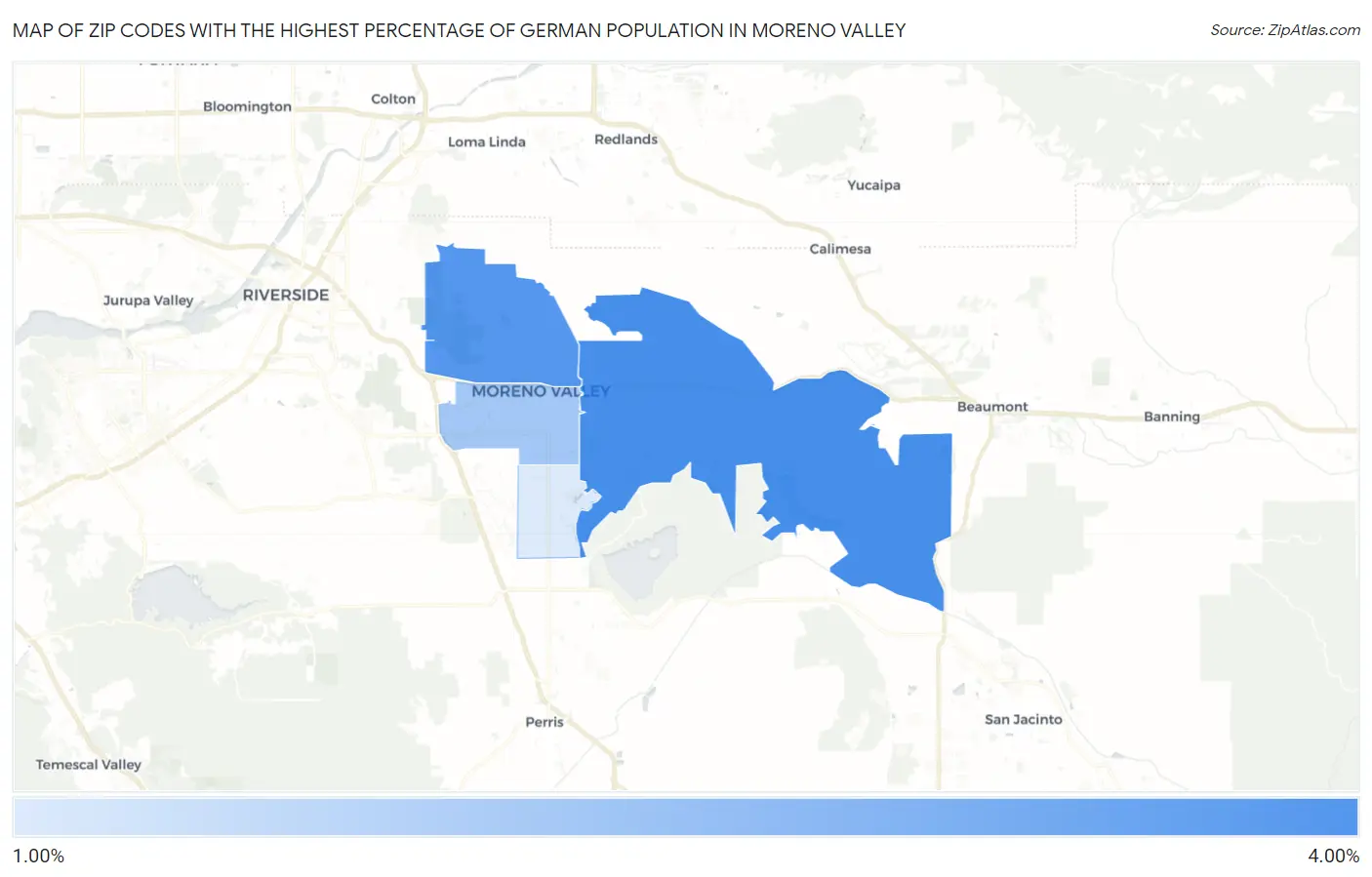 Zip Codes with the Highest Percentage of German Population in Moreno Valley Map