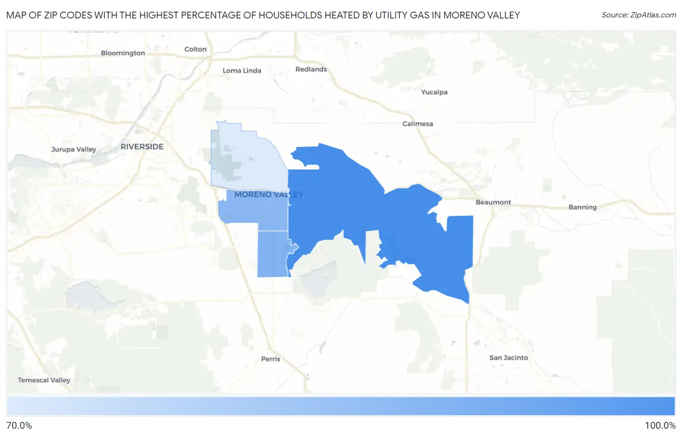 Zip Codes with the Highest Percentage of Households Heated by Utility Gas in Moreno Valley Map