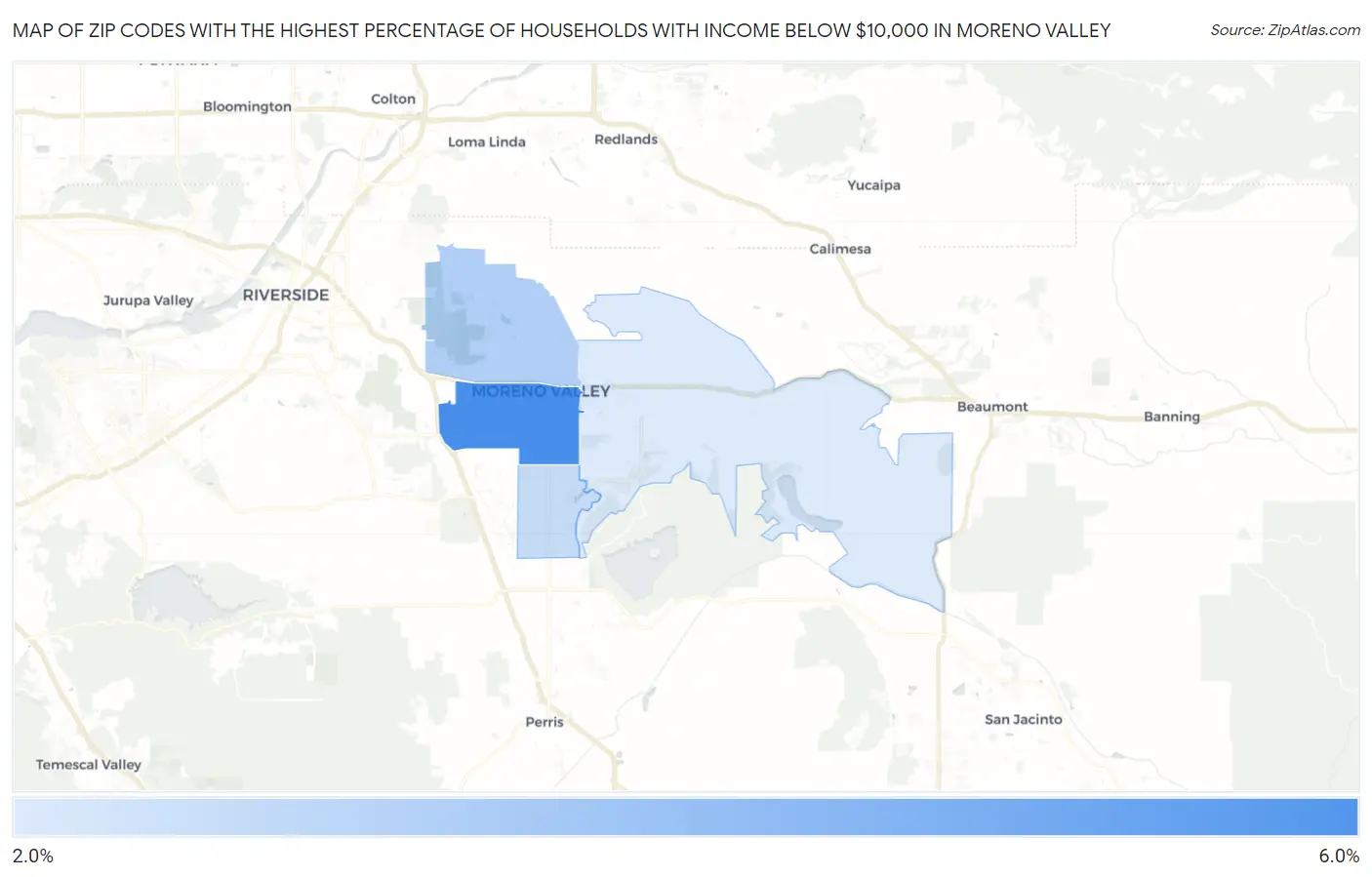 Zip Codes with the Highest Percentage of Households with Income Below $10,000 in Moreno Valley Map