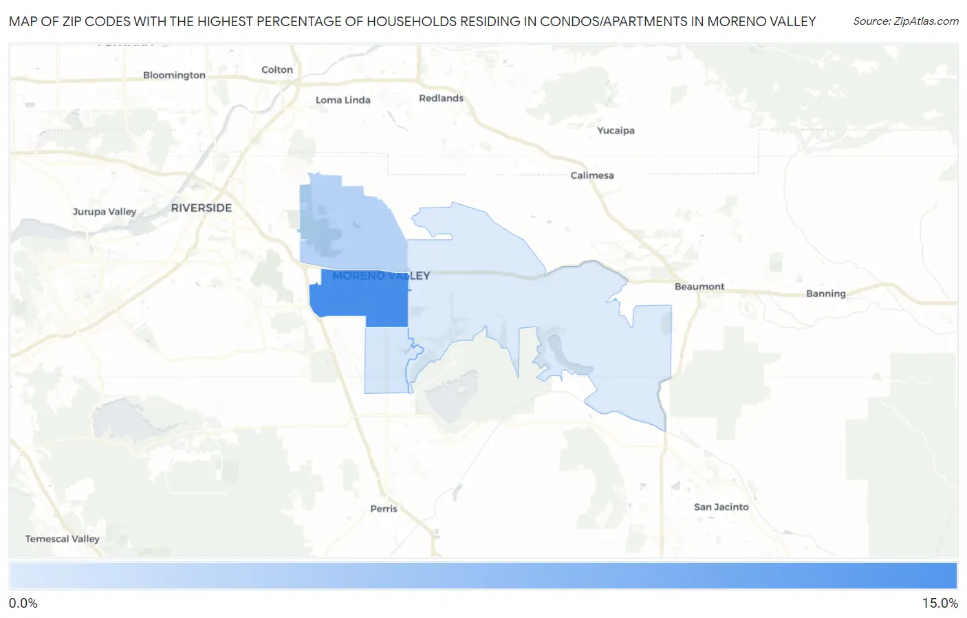 Zip Codes with the Highest Percentage of Households Residing in Condos/Apartments in Moreno Valley Map