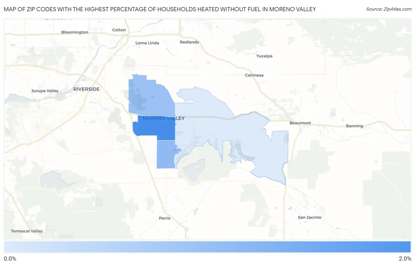 Zip Codes with the Highest Percentage of Households Heated without Fuel in Moreno Valley Map
