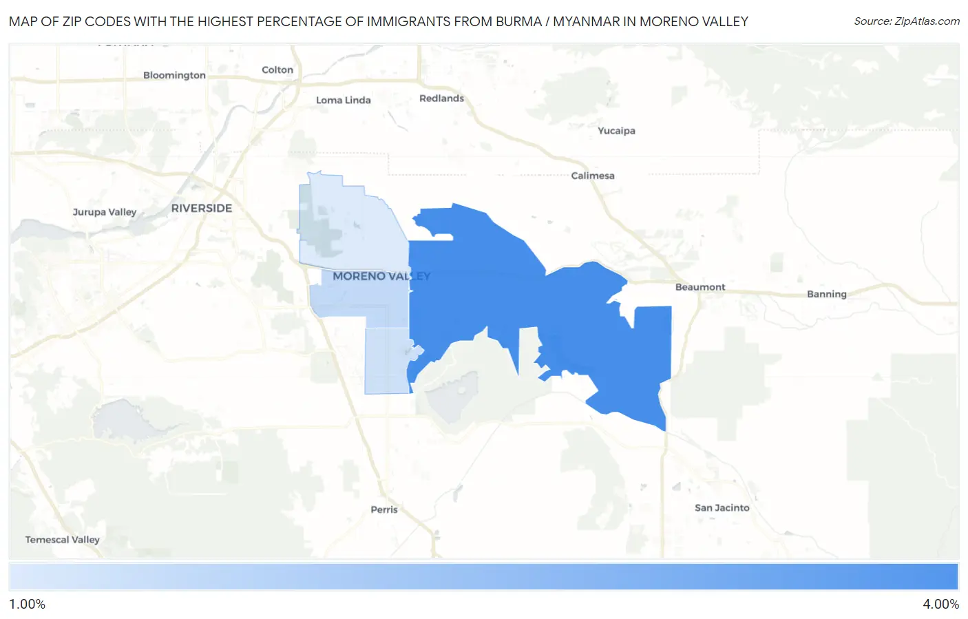 Zip Codes with the Highest Percentage of Immigrants from Burma / Myanmar in Moreno Valley Map