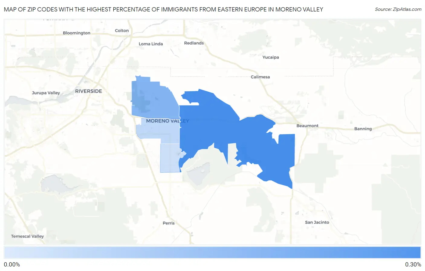 Zip Codes with the Highest Percentage of Immigrants from Eastern Europe in Moreno Valley Map