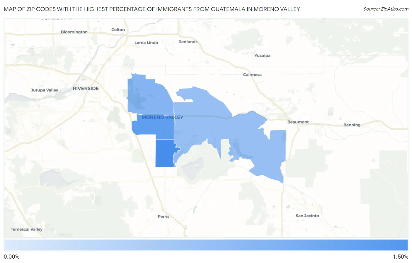 Zip Codes with the Highest Percentage of Immigrants from Guatemala in Moreno Valley Map