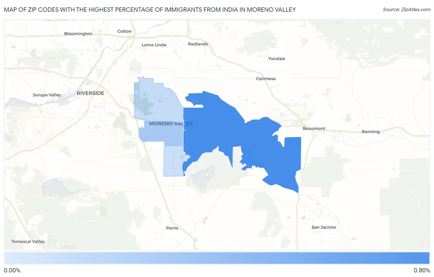 Zip Codes with the Highest Percentage of Immigrants from India in Moreno Valley Map