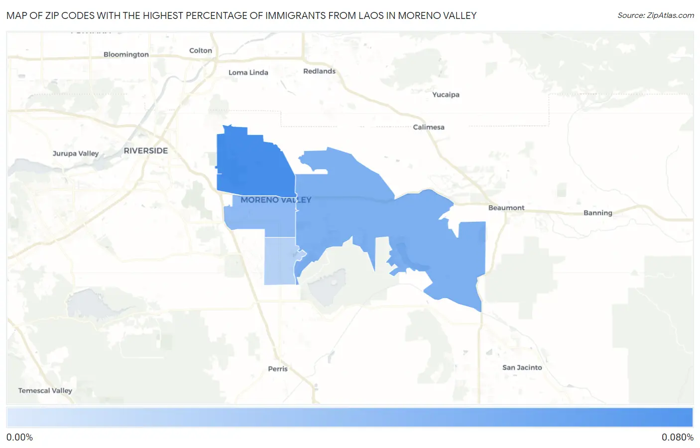 Zip Codes with the Highest Percentage of Immigrants from Laos in Moreno Valley Map
