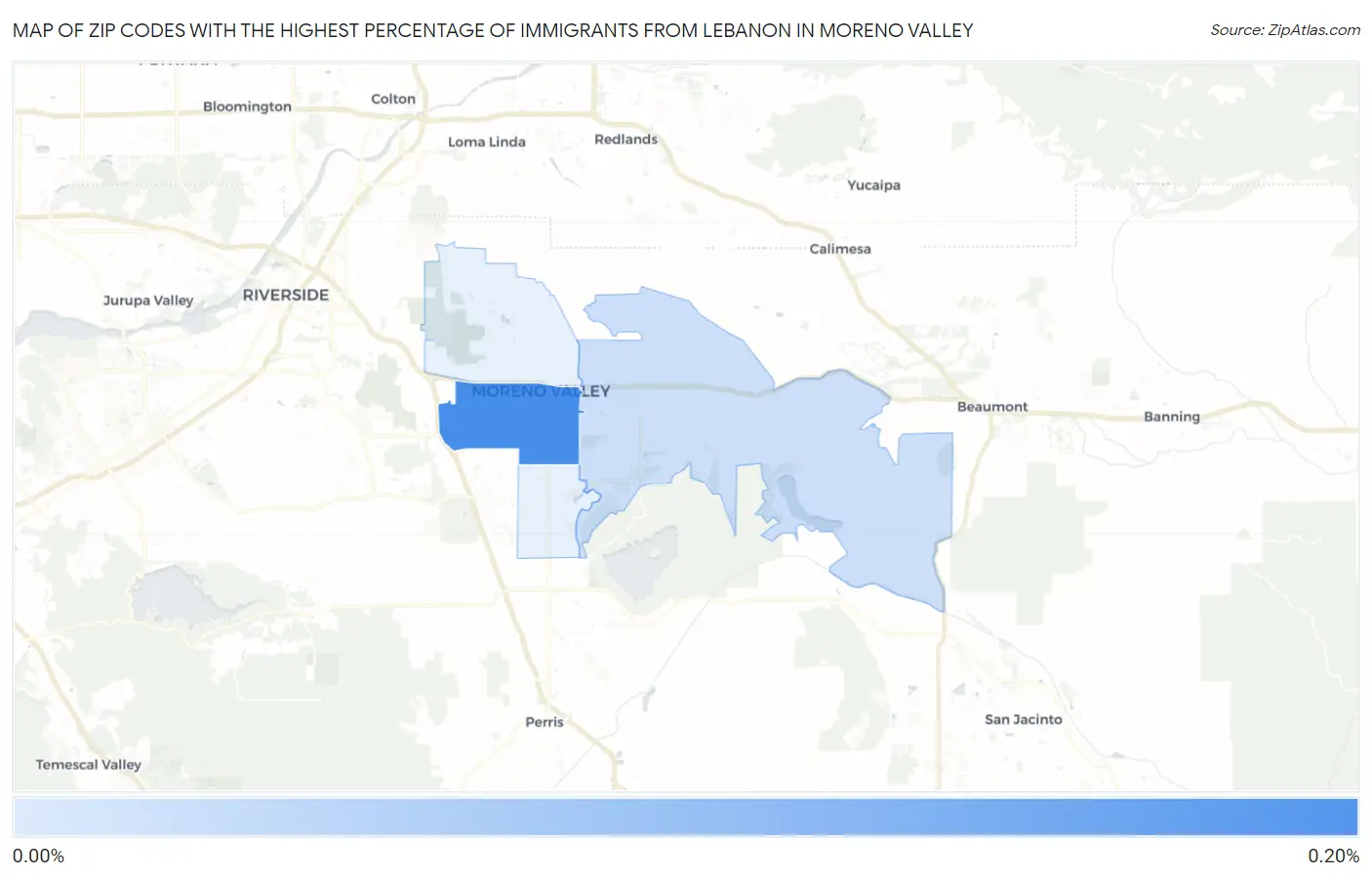 Zip Codes with the Highest Percentage of Immigrants from Lebanon in Moreno Valley Map