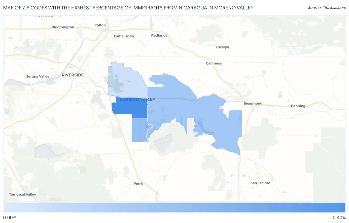 Zip Codes with the Highest Percentage of Immigrants from Nicaragua in Moreno Valley Map