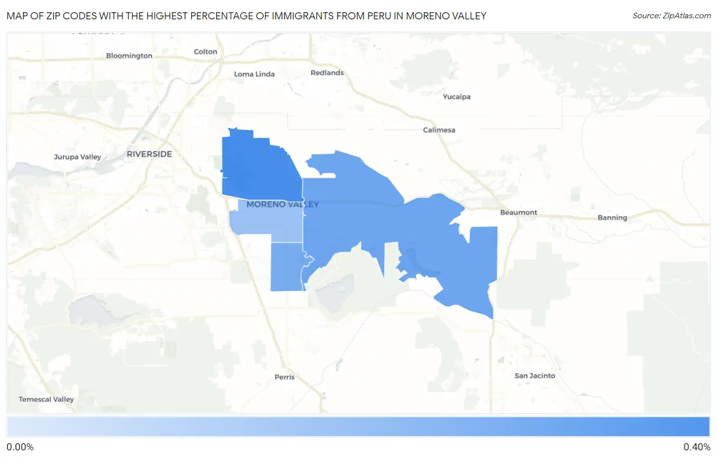 Zip Codes with the Highest Percentage of Immigrants from Peru in Moreno Valley Map